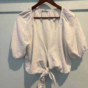 Abercrombie & Fitch Top White Linen Blend Puff Sleeve Tie Front Crop Medium